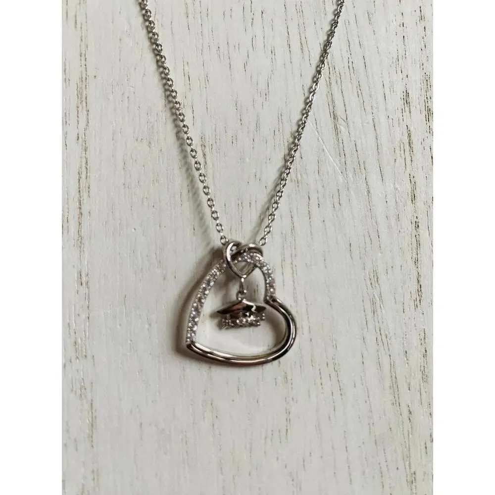 Sterling Silver Heart Pendant Necklace with Graduation Cap Charm